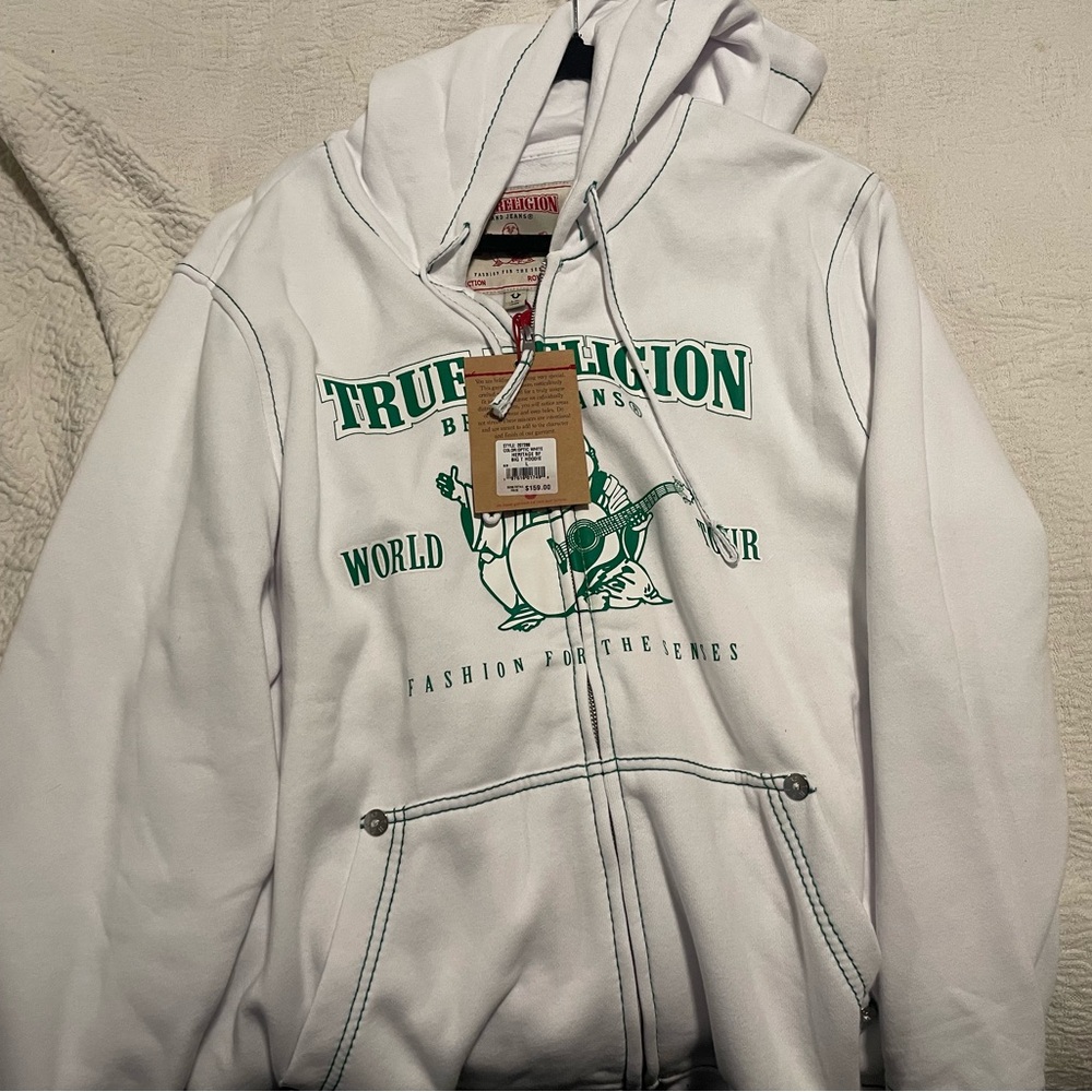 True Religion White Sweatshirt with Green Logo